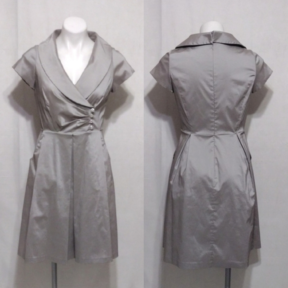 Julian Taylor Retro Rockabilly Metallic Gray Silver Satin Dress 10P Elegant Chic